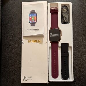 Rose Gold Trim Smartwatch with Burgundy and Black Bands